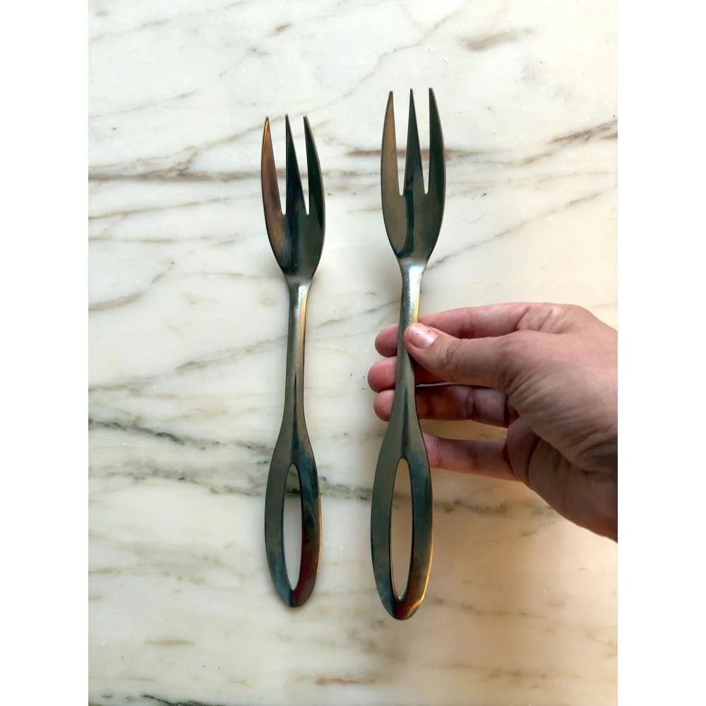 Vintage Signed Stainless Steel Serving Forks Set of 2 MCM 10.25